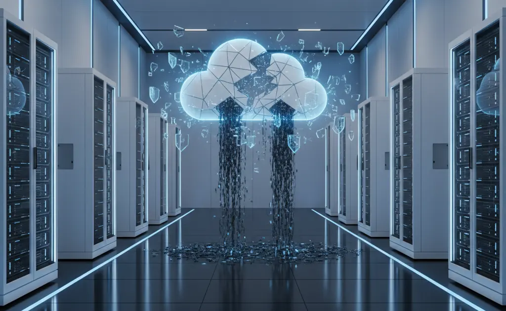Ilustração conceitual de um data center com servidores protegidos por escudos digitais, com destaque para um fluxo de dados limpo e uma sala de comando monitorando a integridade dos arquivos.