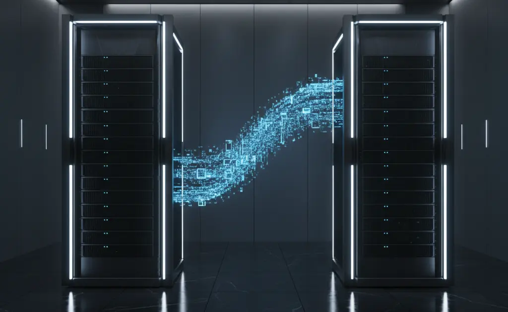 Representação conceitual de um data center com servidores isolados por barreiras digitais translúcidas em tom azul que sofrem uma infiltração de dados em linhas vermelhas, simbolizando um ataque de ransomware ultrapassando o isolamento do air gap.
