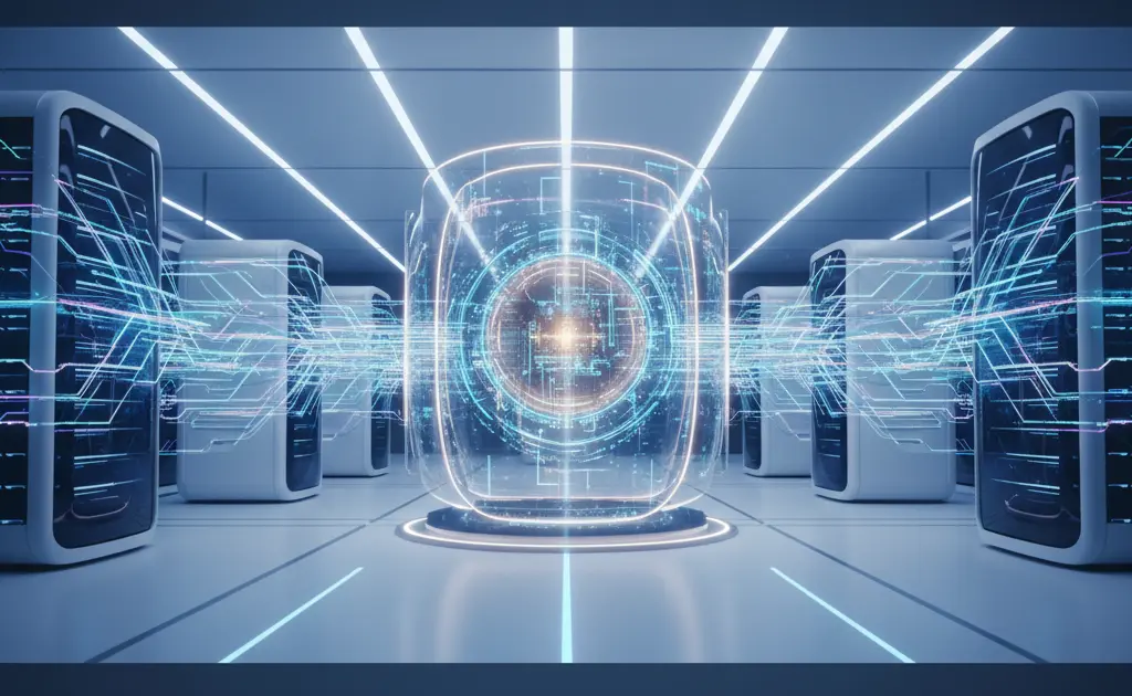 Ilustração tecnológica representando um fluxo de dados digital protegido por uma camada de inteligência artificial, simbolizando a quarta dimensão do backup em um ambiente de cibersegurança moderno.
