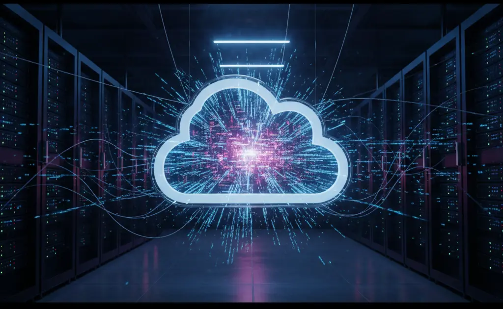 Representação conceitual de um data center com um brilho verde tóxico emanando de alguns servidores de backup, simbolizando a contaminação de dados.