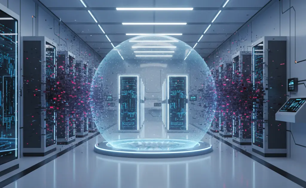 Representação conceitual de um ambiente digital isolado e seguro, com camadas de proteção azul neon, simbolizando uma sala limpa de recuperação de dados contra ataques cibernéticos.