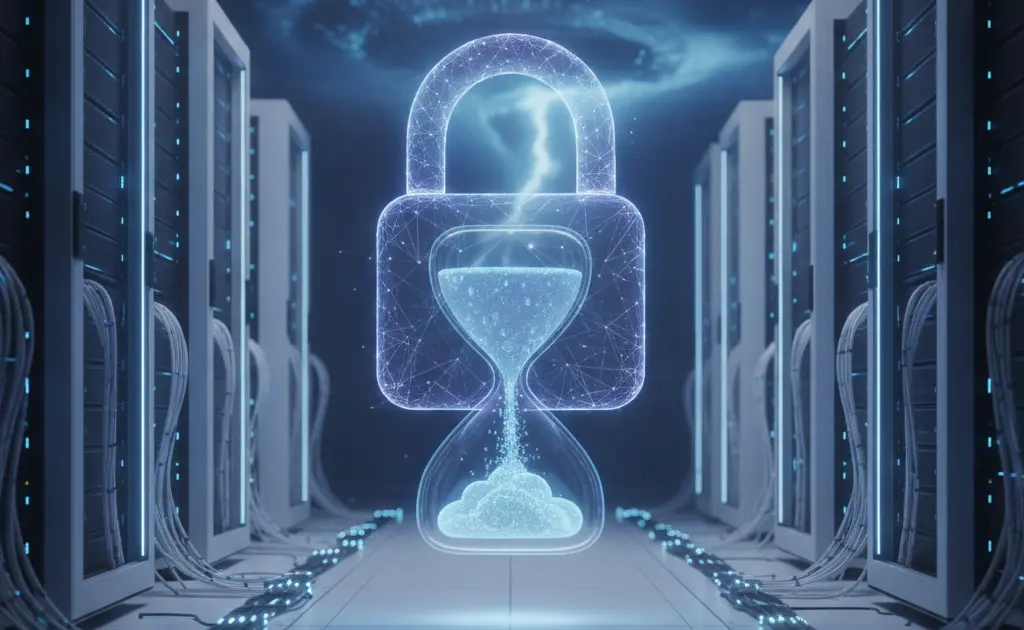 Ilustração conceitual de segurança cibernética mostrando um servidor protegido por escudos digitais contra um código malicioso oculto sob uma ampulheta que simboliza o tempo de retenção.