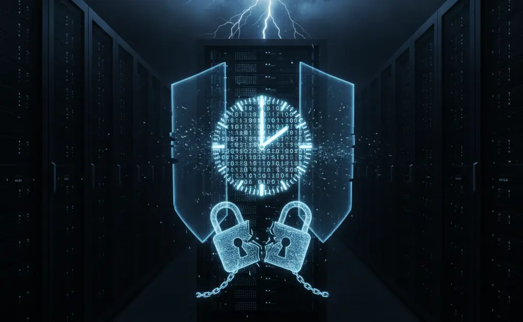 Ilustração conceitual de um servidor de dados cibernético com um relógio digital flutuando à frente, cujos ponteiros giram rapidamente, simbolizando a manipulação do tempo por hackers.